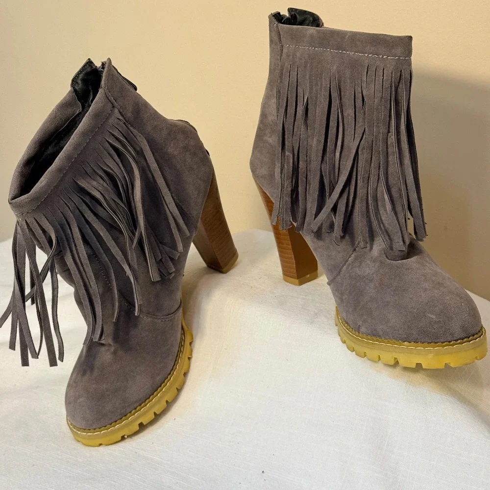 Unbranded Fringe Suede Ankle‎ Boots Size 7 Gray Block Heel Lug Sole Boho Zip